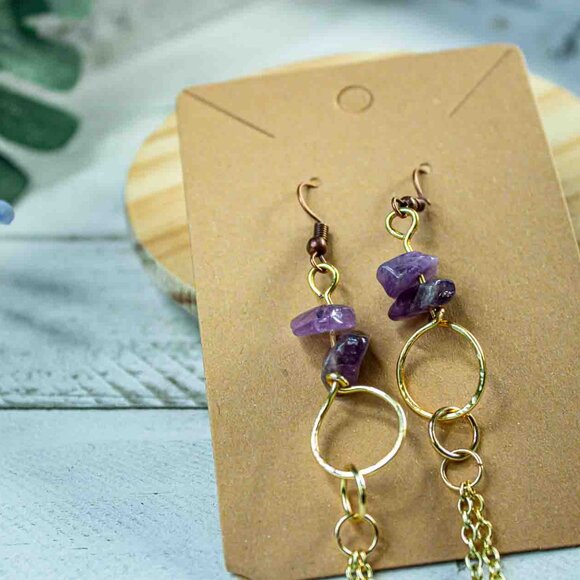Amethyst Chip Earrings with 14k Gold Dangle Chain and Gold Hoop Drop - Picture 5 of 15